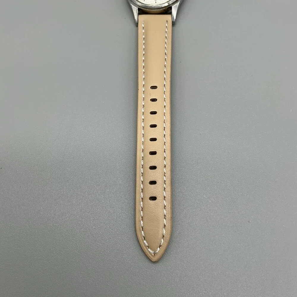 Vintage Avia Cadet Mens Watch 29mm Silver Tone Beige Leather Manual Wind